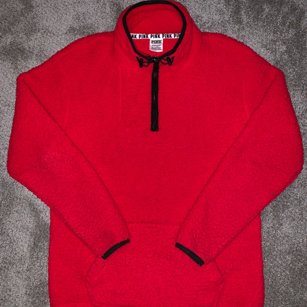 VS PINK Red Sherpa Quarter Zip Jacket